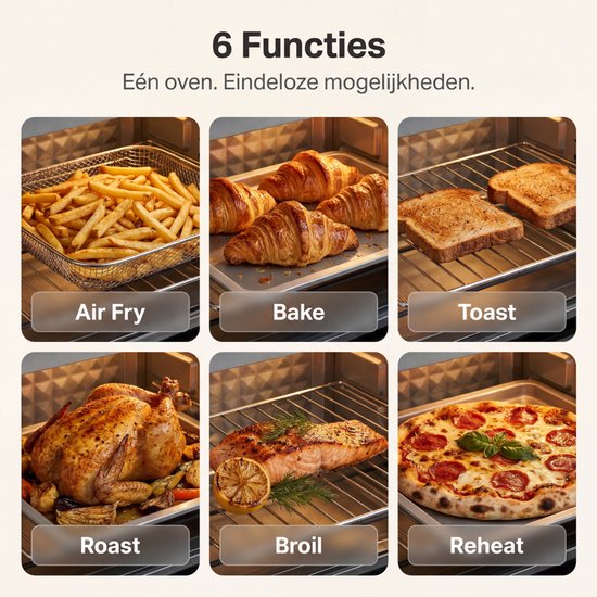 Safecourt 6-in-1 Airfyer oven - 100% sans PFAS - 6 programmes - 80 à 230 degrés - Airfryer, baking, roasting, toasting, grilling & reheating - Black