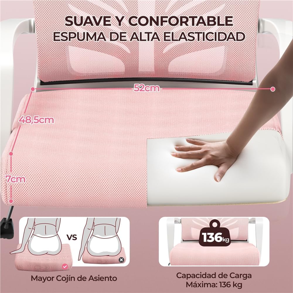 Chaise de bureau pivotante Yaheetech - Tissu maillé - Rose - Soutien lombaire ergonomique - Hauteur réglable - Fonction d'inclinaison