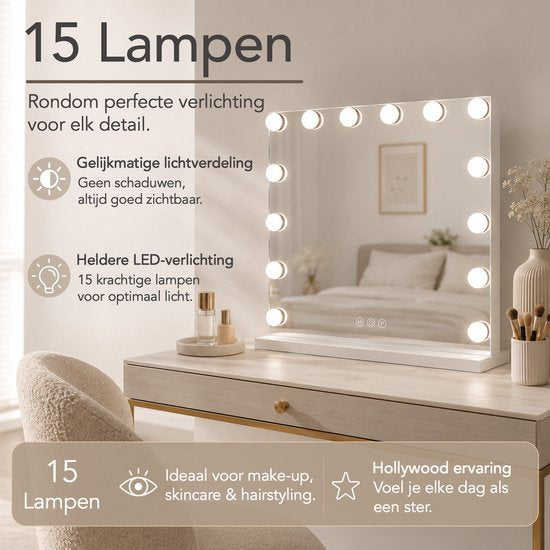 Miroir Lumirex Hollywood 58 x 46 cm - Miroir de maquillage éclairé - 15 LED - Intensité réglable - 3 couleurs de lumière - Commande tactile - Alimentation secteur - Miroir de maquillage - Blanc