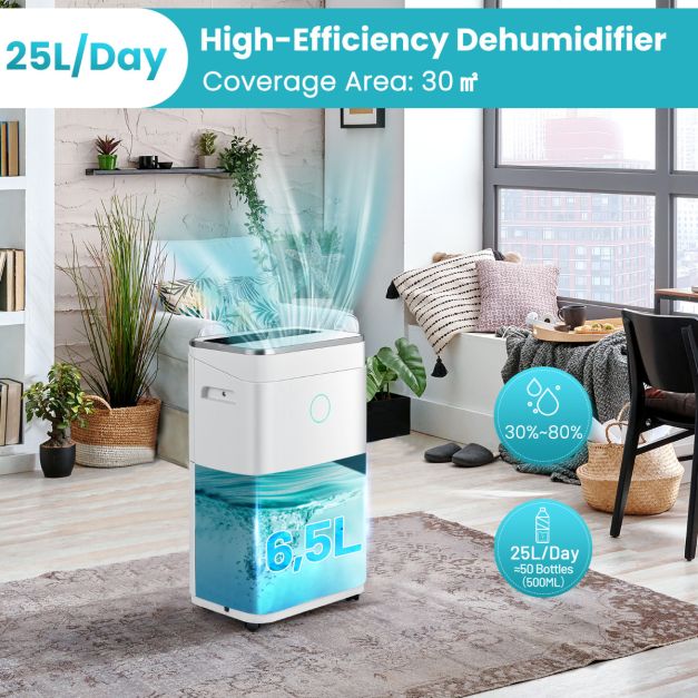 Coast Déshumidificateur 25L/Jour avec tuyau de vidange et affichage LED - Blanc - 34x24x57 cm