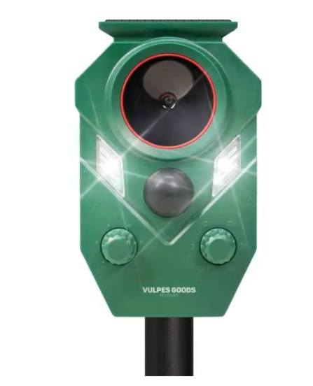 Vulpes Goods® - Cat Dispatcher Premium - 5 x 9 x 14 cm - 5 modes de fonctionnement, capteur PIR, flashs LED et énergie solaire - pour le jardin et le balcon - plastique vert