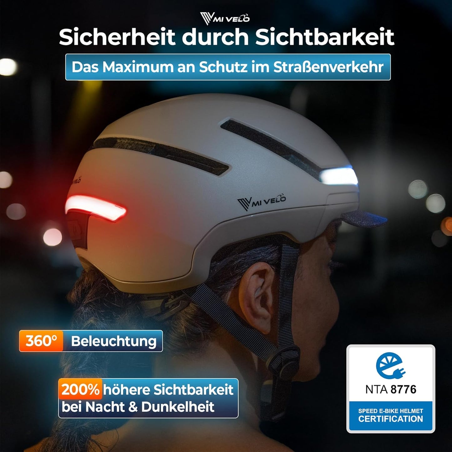 Mivelo Casque de vélo unisexe NOVA - Avec lumière - Certifié NTA jusqu'à 45km/h - Beige - Taille M (54-58 cm)