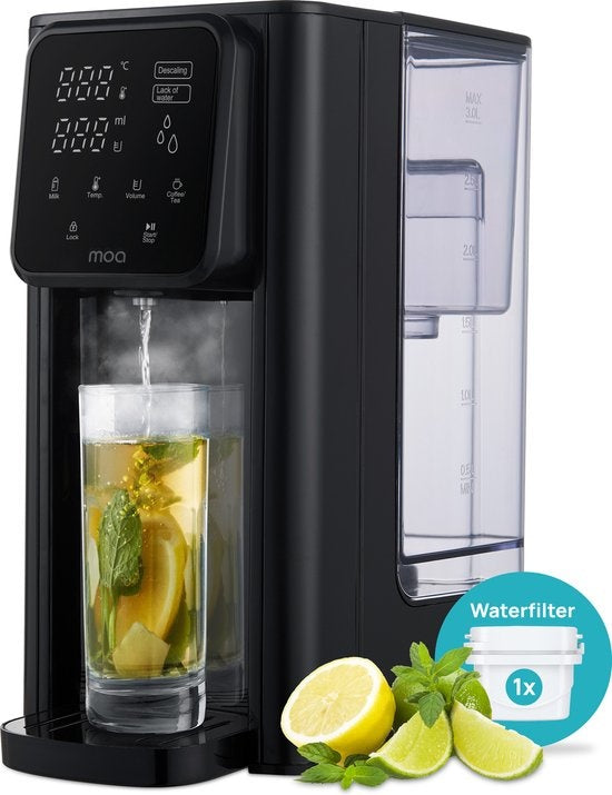 Distributeur d'eau chaude - MOA - Bouilloire - Réglage de la température - Affichage numérique - Réservoir d'eau amovible - 3 litres - Noir