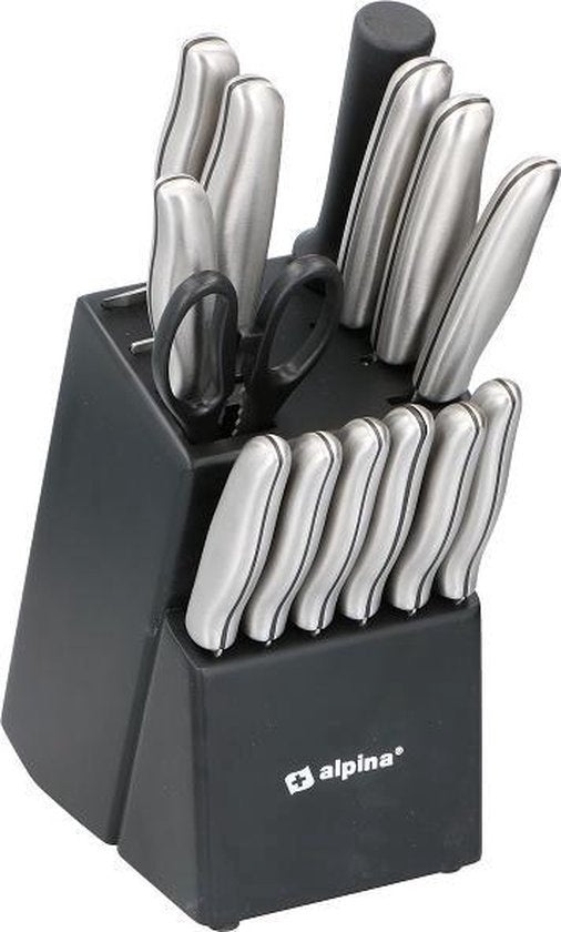 alpina Set de couteaux - Bloc de couteaux - 15 pièces - acier inoxydable - Noir/Argent