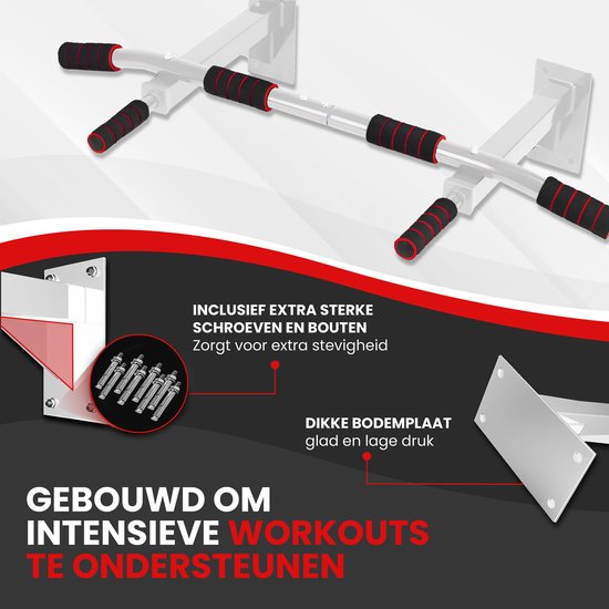 TTD® Premium Pull Up Bar - Pull Up Station - Wall Mount Pull Up Bar - Dip Station - Dip Bars - Home Sports - Home Fitness - Premium materials - Extra sturdy mounting parts - Home workout - White/Red