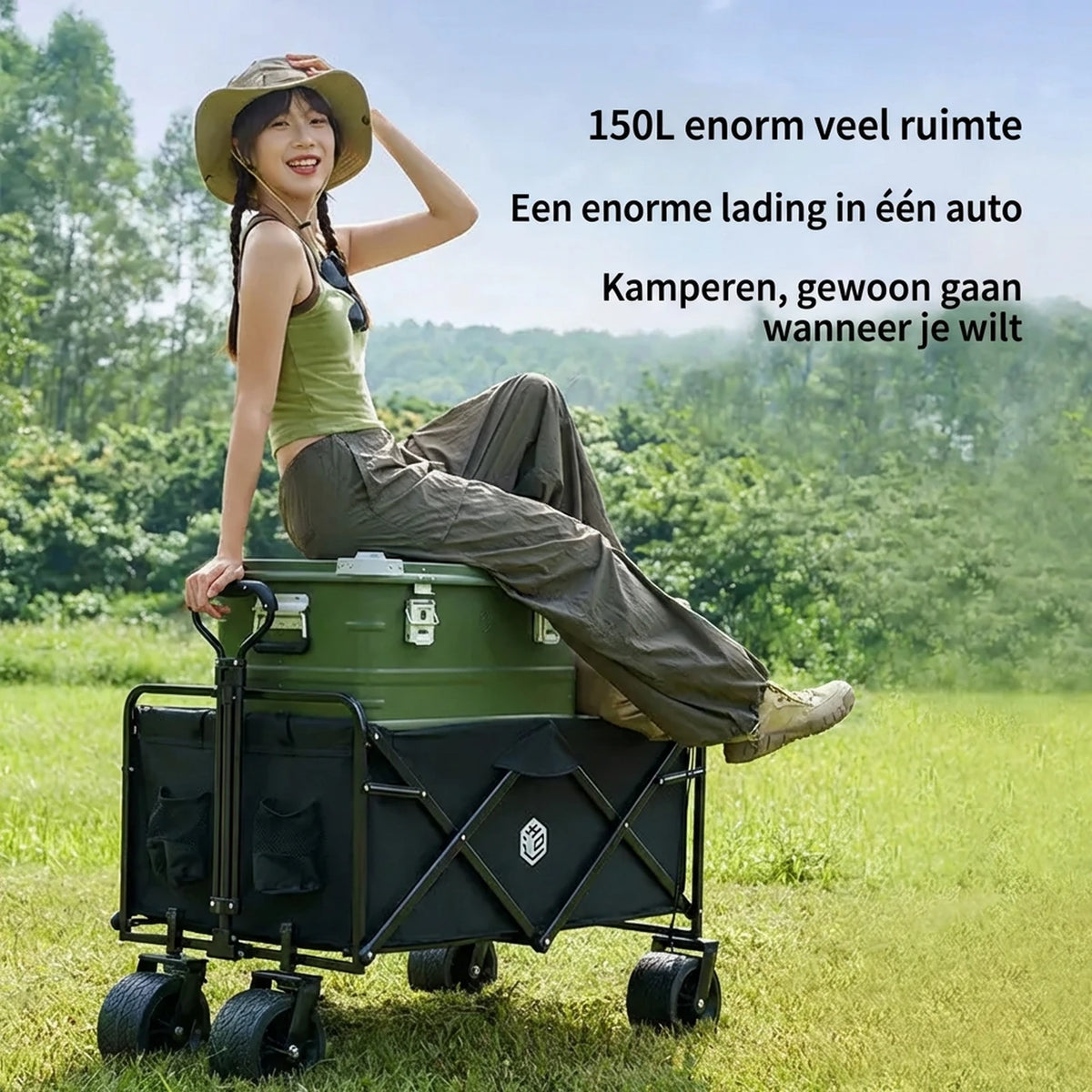 ochama Campingwagen 150L - Chariot pliable équipé de roulements à billes - Capacité de charge de 260 kg - Capacité de chargement de 300 L - Noir