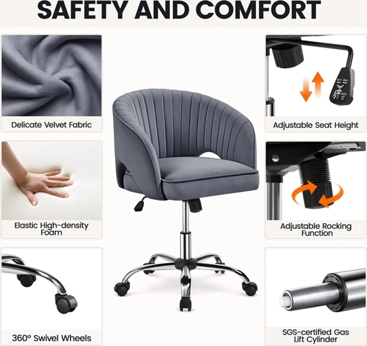 Yaheetech Fauteuil de bureau Fauteuil - 60 x 56,5 x 73-83 cm - rembourrage doux comme du velours, hauteur d'assise réglable et fonction relaxante - pour bureau et hall d'accueil - polyester gris foncé et métal