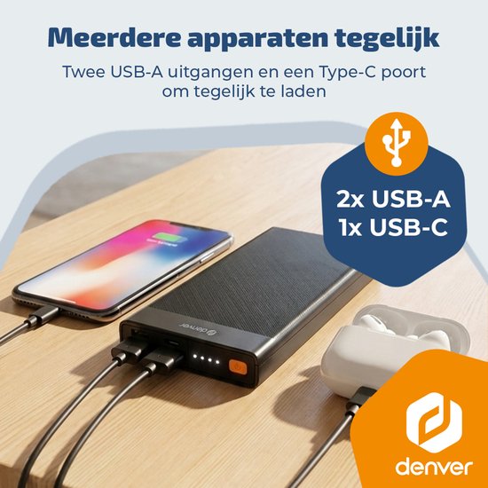 Batterie externe Denver - 10 000 mAh - Charge rapide 22,5 W - Indicateur LED - Kit d'urgence - PQC10008