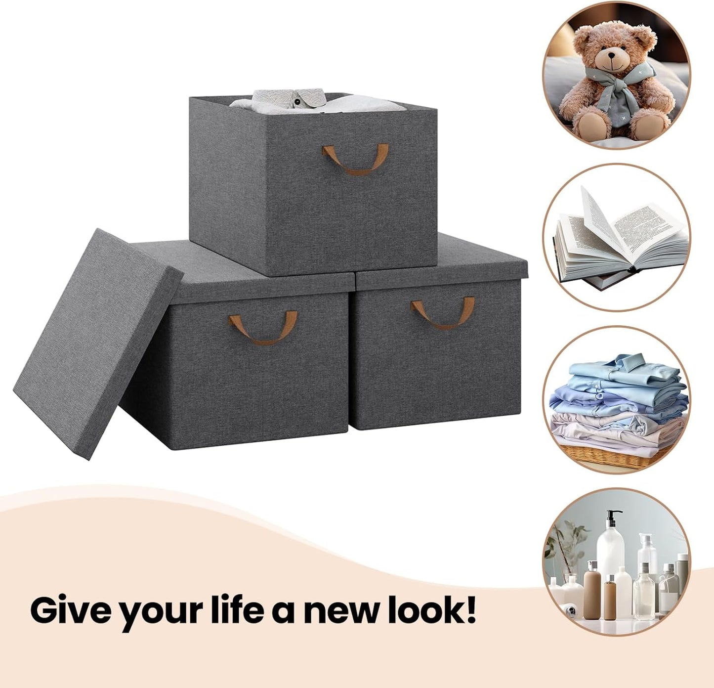 WOLTU Boîte de rangement avec couvercle, lot de 3, pliable, grise, 48 x 36 x 30 cm, ABB04gbn-3