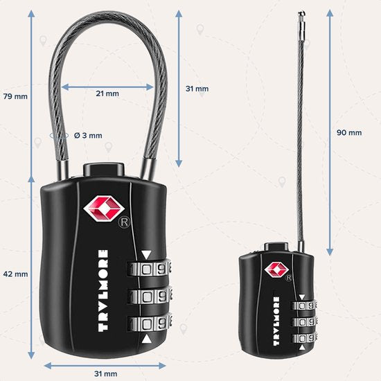 TRVLMORE Serrure de valise - Serrure de voyage TSA - Serrure - Cadenas - 3 chiffres - 2 pièces - Serrure à chiffres - Noir