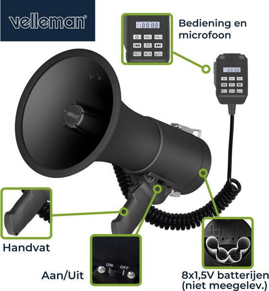 Velleman Mégaphone puissant de 50 W avec sirène intégrée, enregistrement de 700 secondes, réglage du volume, Bluetooth, microphone à main et connexion USB, portée : max 1200 m, noir mat