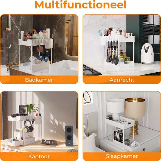 Posity Rangement pour évier - Rangement pour armoire de cuisine - Tiroir coulissant - Rangement pour armoire - Rangement pour salle de bain - Rangement pour comptoir - 2 tiroirs coulissants - Blanc