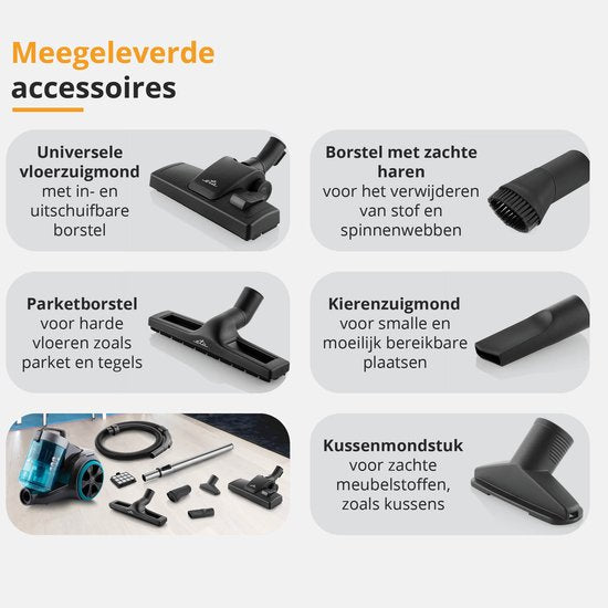 Aspirateur sans sac ETA Stellar avec moteur ECO et accessoires - 1,5 litre - portée 10 mètres - double filtre HEPA 10 et 12 - noir/bleu