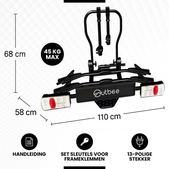 Outbee Porte-vélos - Porte-vélos vélos électriques 2 - Porte-vélos barre d'attelage - Avec support de plaque d'immatriculation - Noir