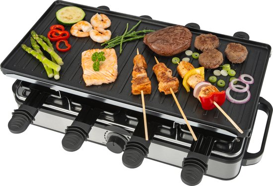 Bourgini Gourmet Raclette Pure - Set gourmet avec plaque réversible pour le gril et la cuisson - Raclette 8 personnes - 21x42 cm - Revêtement sans PFAS - Thermostat réglable - 8 spatules et poêles incluses