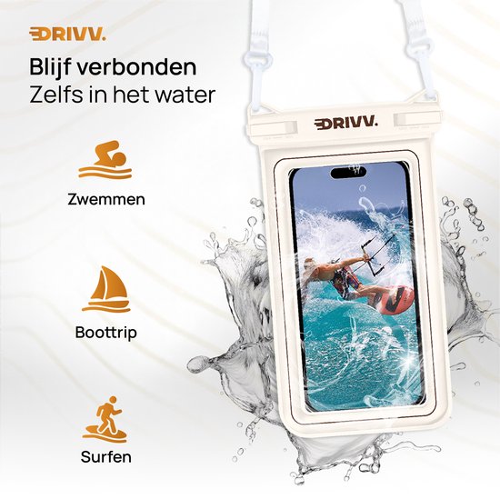 Drivv. Étui de protection étanche de luxe pour téléphone – Flottant – Double fermeture à clip – Téléphones jusqu'à 6,8 pouces – Étui de protection sous-marin pour téléphone – Beige