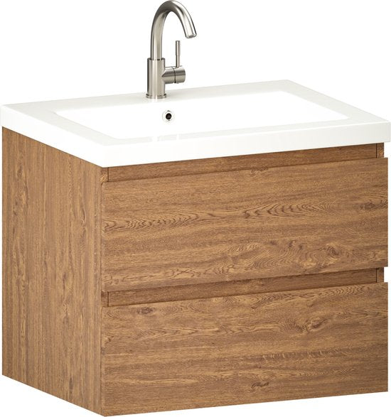 Mirlux Meuble de salle de bains Chêne chaud 60 cm - Lavabo Blanc - Ensemble de meubles de salle de bains - Meuble lavabo Chêne chaud