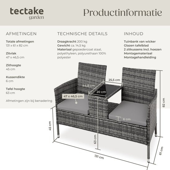 tectake® - banc de jardin en osier avec table, banc 2 places, 131 x 61 x 82 cm, banc pour balcon et terrasse, banc de jardin avec coussin d'assise - gris/gris clair - poly-rattan