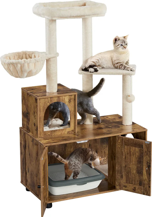 Yaheetech : Arbre à chat avec meuble pour litière 80 x 45 x 134,5 cm - Marron/Beige vintage - Meuble pour chat 2-en-1 avec arbre à chat et meuble pour litière
