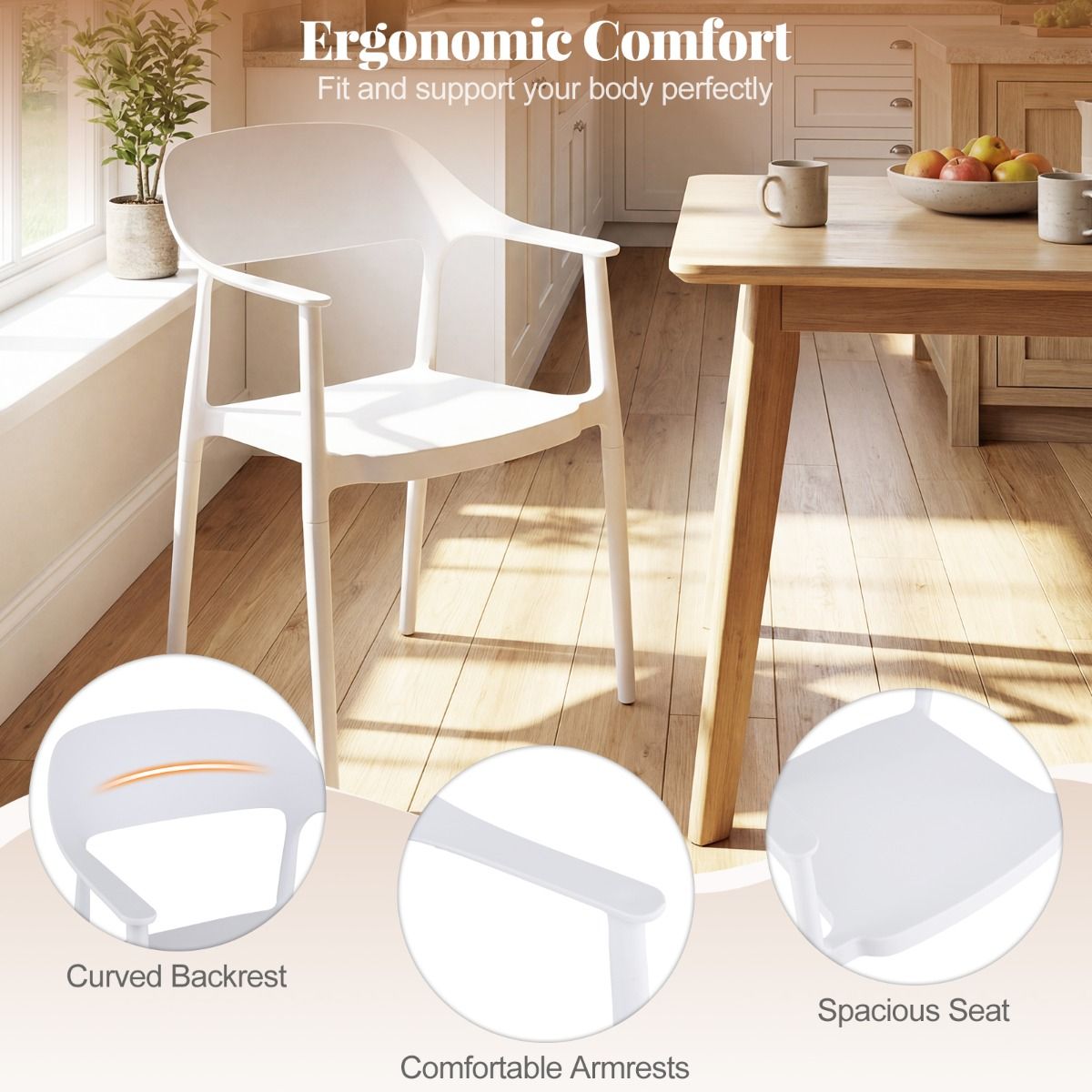 Ensemble Coast de 4 chaises de jardin empilables avec accoudoirs et dossier - Blanc - 57 x 53 x 83 cm