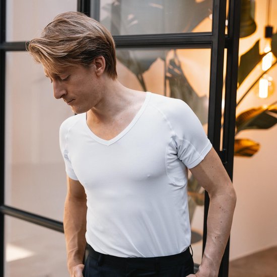 Chemise anti-sueur - Fibershirts® - Coussinets d'aisselles cousus - Maillot de corps - Blanc - Col en V - Hommes - Taille XL