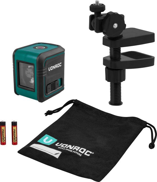 VONROC Cross Line Laser - Vert - Auto-nivelant - 18 mètres - Support de montage et sac de rangement inclus