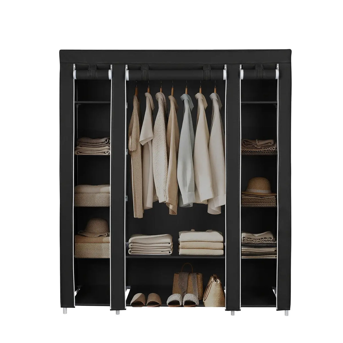 Armoire JOYFURNOS 150 x 45 x 175 cm - Noir - 12 étagères et tringle à vêtements - Rangement pour vêtements en tissu
