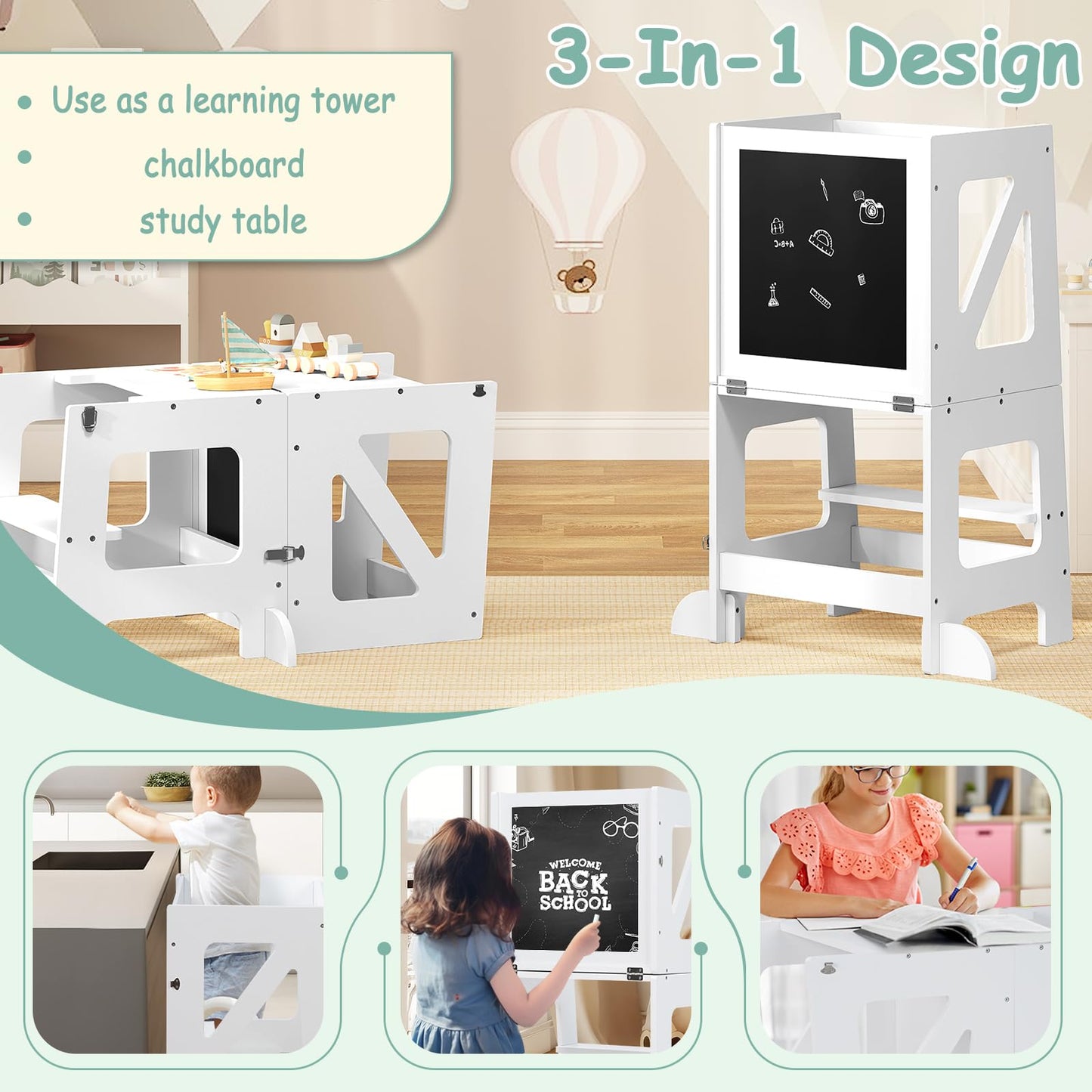 Woltu Learning Tower - 3-en-1 - Pliable - 35 x 86 x 45 cm - Blanc