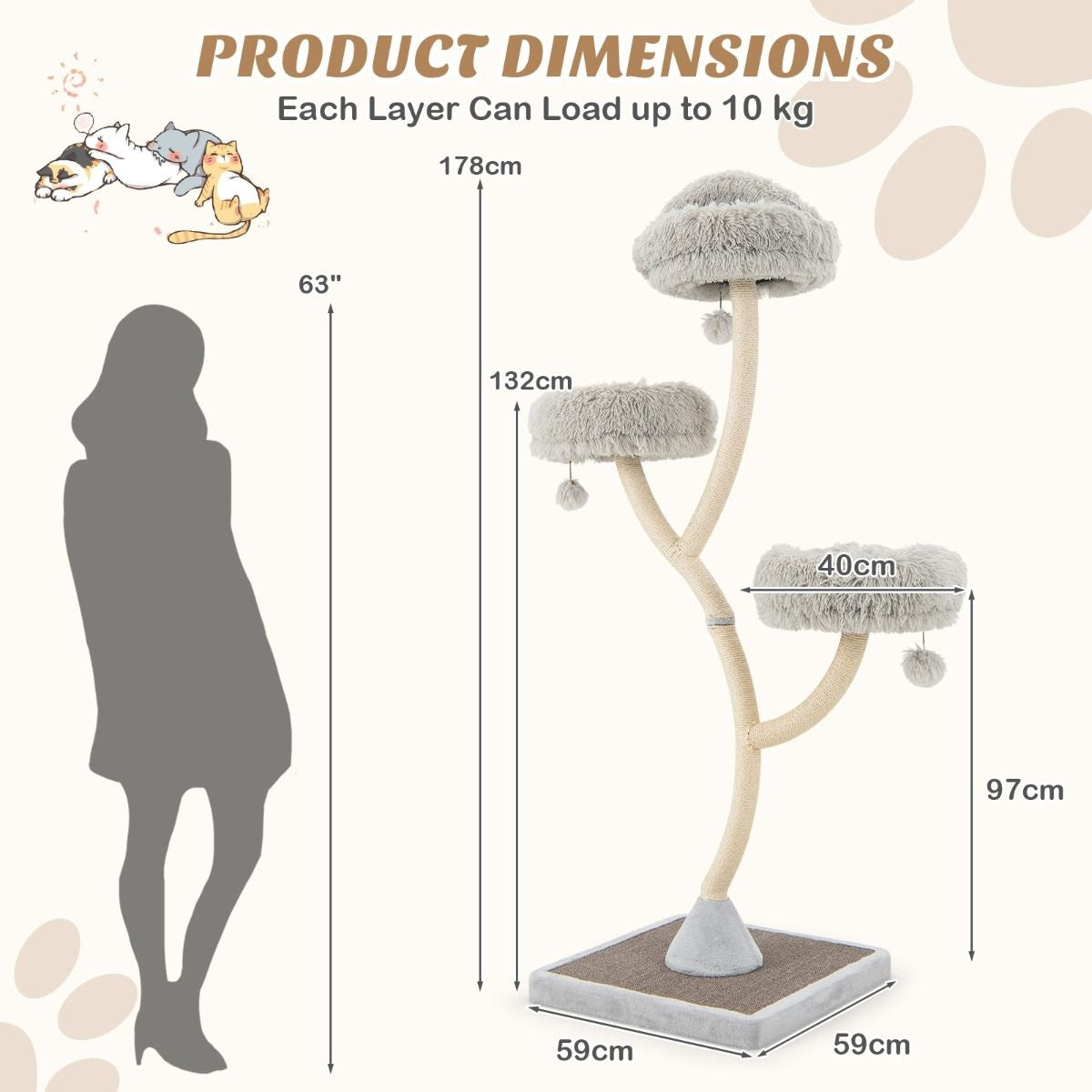 Arbre à chat Coast avec colonnes pour chat - 3 surfaces de couchage chaudes - 59 - 59 - 178 cm - Gris