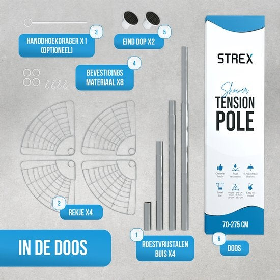 Porte-douche télescopique Strex en acier inoxydable - réglable 70-275 cm - 4 paniers - qualité robuste - fixation sans perçage ni vis - Porte-douche télescopique d'angle