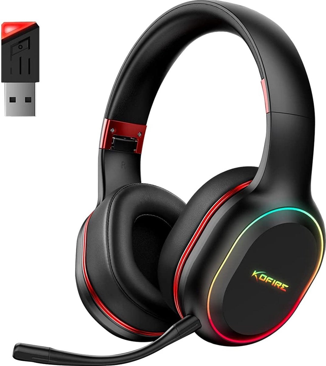 Kofire UG-05 Casque de jeu sans fil 2,4GHz - Casque Bluetooth - Microphone détachable - Convient pour PS4/PS5, Nintendo Switch - Noir - Rouge