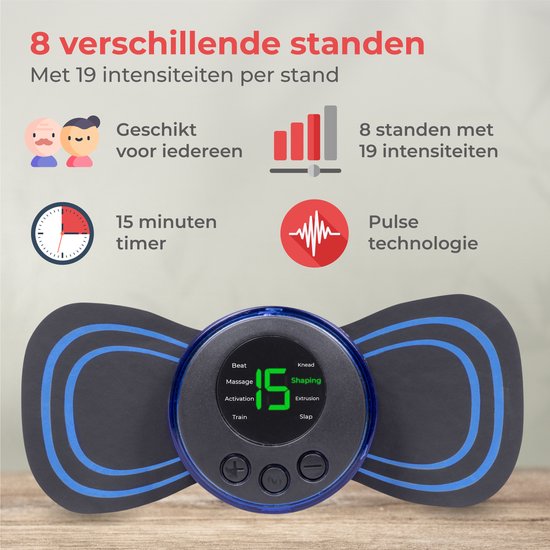 Nuvance - Appareil de massage EMS avec commande - Livret et 6 tapis de massage réutilisables inclus - Stimule la circulation - Convient pour le dos, les bras et les jambes - Sans fil - 8 niveaux et 19 intensités - Noir/Bleu