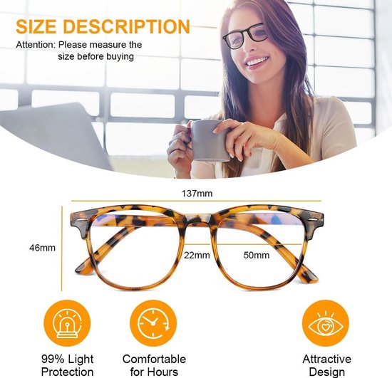 Lunettes anti-lumière bleue - Lunettes pour ordinateur - Temps passé devant l'écran - Monture légère - Unisexe - Motif écaille