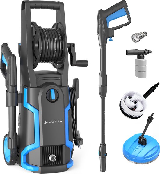 Nettoyeur haute pression Lugia - 135 bars - 1 600 W - 430 L/h - Pack comprenant un nettoyeur de terrasse, une brosse rotative et une buse turbo