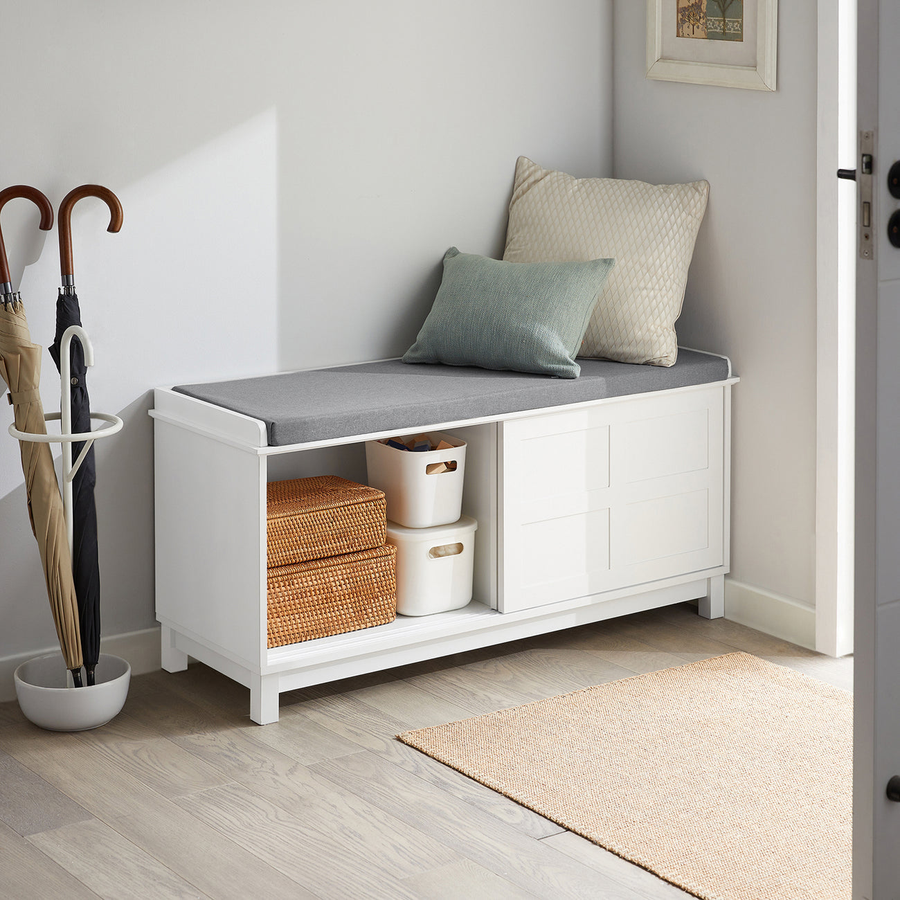 SoBuy FSR86-W Banc de rangement avec coussin d'assise - 114 x 40 x 53 cm - Blanc/gris