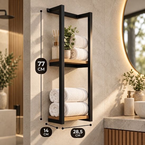 Porte-serviettes Ceruzo à fixation murale – 2 étagères en bois – 28,5 x 14 x 77 cm – Noir