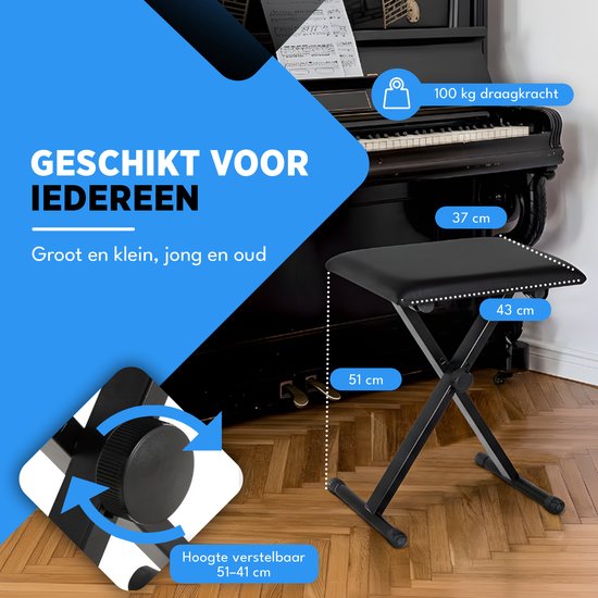 Finesse Piano Stool - pliable - réglable en hauteur - avec coussin - banc de piano - chaise de piano - noir