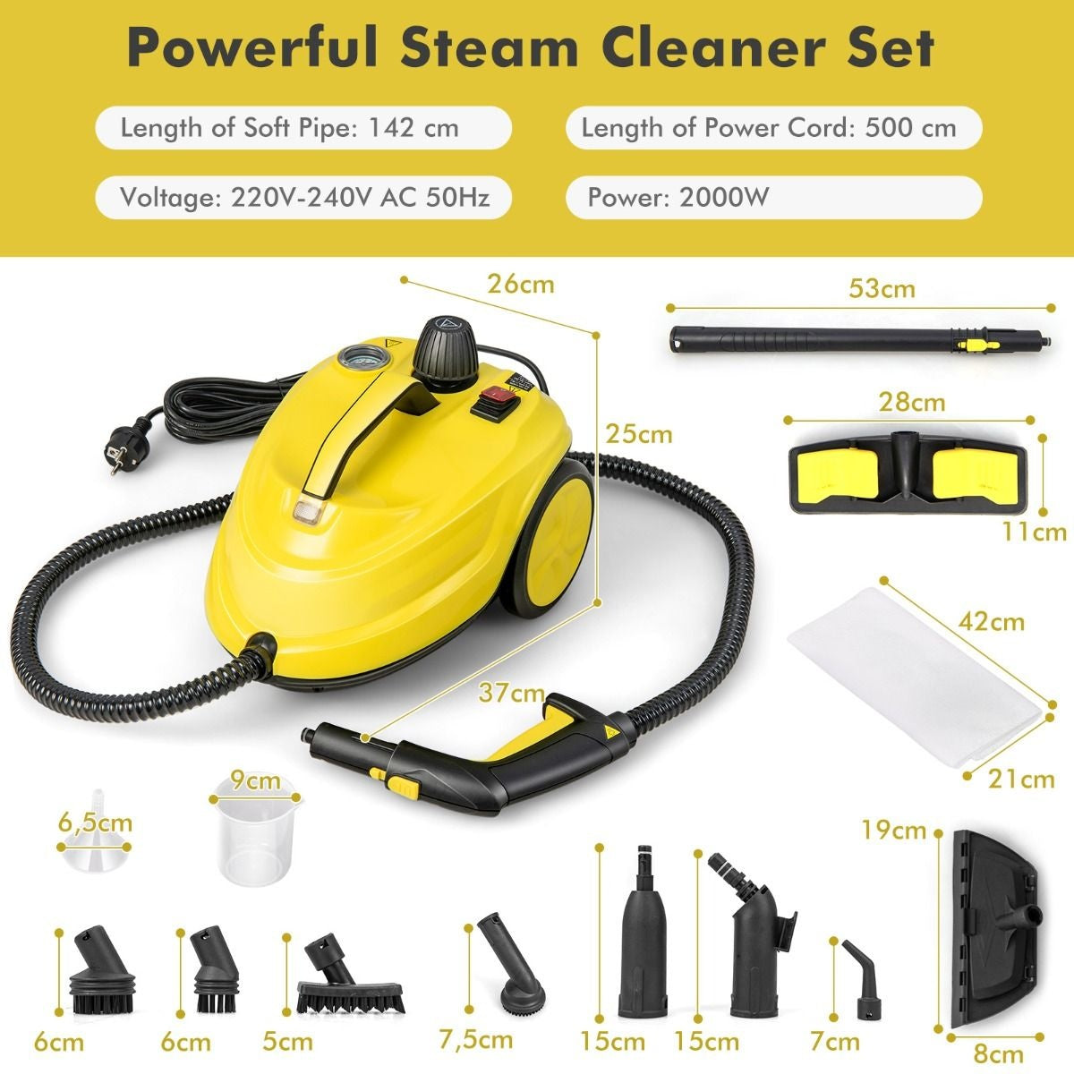 Coast Nettoyeur vapeur multifonction - 2000W, 5 Bar, 13 Accessoires, Capacité 1.8L - 37 x 26 x 25 cm - PP - Jaune