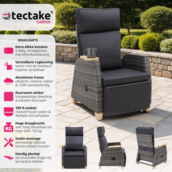 tectake® - Fauteuil d'extérieur en osier - Fauteuil à haut dossier - Repose-pieds et dossier réglable - Fauteuil relax avec fonction d'inclinaison - Meubles de salon pour le jardin - Fauteuil de terrasse - Fauteuil de lecture - Incl. espace pour tasse/ver