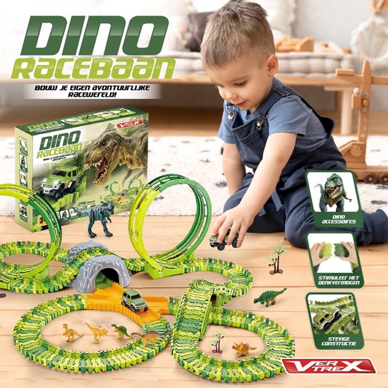 Vertrex 260 pièces Dinosaur Race Track XXL - Jouet Dino - Avec 2 voitures Safari autopilotées