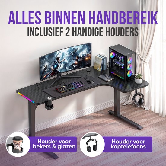 Bureau gaming Avalo - 160 x 100 x 75 cm - Bureau d'angle en L - Bureau gaming avec éclairage LED - Table - Noir - Angle à droite