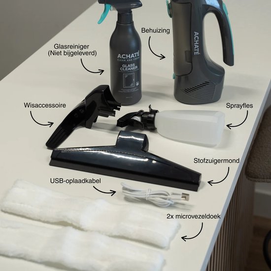 Achaté Essuie-vitre électrique - Aspirateur et lave-vitre - Rechargeable - Avec flacon pulvérisateur et 2 chiffons en microfibre - Nettoyage sans traces - Durée d'utilisation de 40 minutes