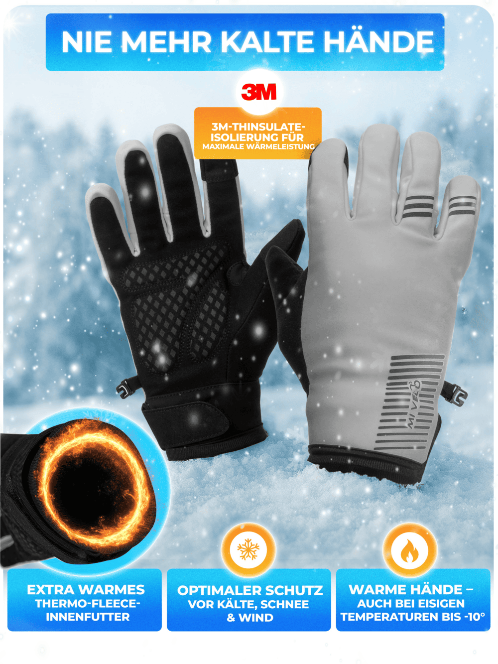 MiVelo Gants d'hiver - Thermo-Fleece & 3M - Coupe-vent, imperméable, écran tactile & antidérapant - Entièrement réfléchissant - Taille XL