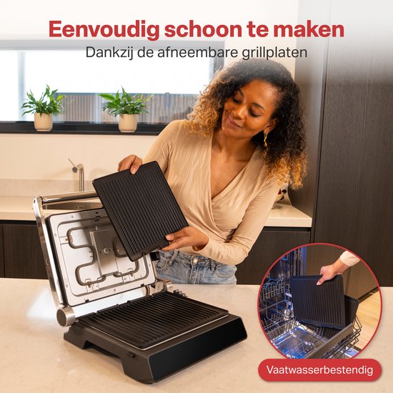 AoraKitchen Contact Grill - 180º Fold-out - Appareil à griller avec plaques amovibles - 7 supports - Fer à sandwich et à panini - 2000W