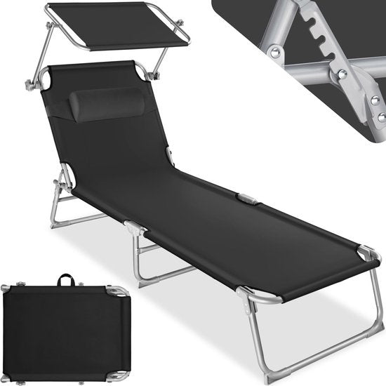 Tectake - Bain de soleil - Structure en acier avec toit coulissant - robuste, dossier réglable en 4 positions avec coussin - Idéal pour jardin, piscine, camping - Noir
