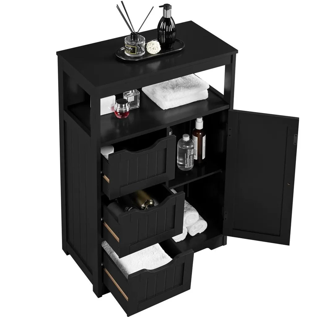 Armoire de salle de bains Yaheetech 55,5 x 29,5 x 86,5 cm - Noir - Meuble de salle de bains avec 3 tiroirs et une étagère réglable