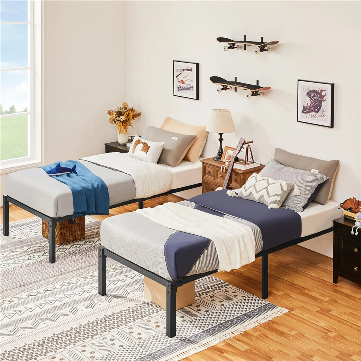 Cadre de lit en métal 90 × 200 cm avec sommier à lattes et espace de rangement de 37,5 cm, noir