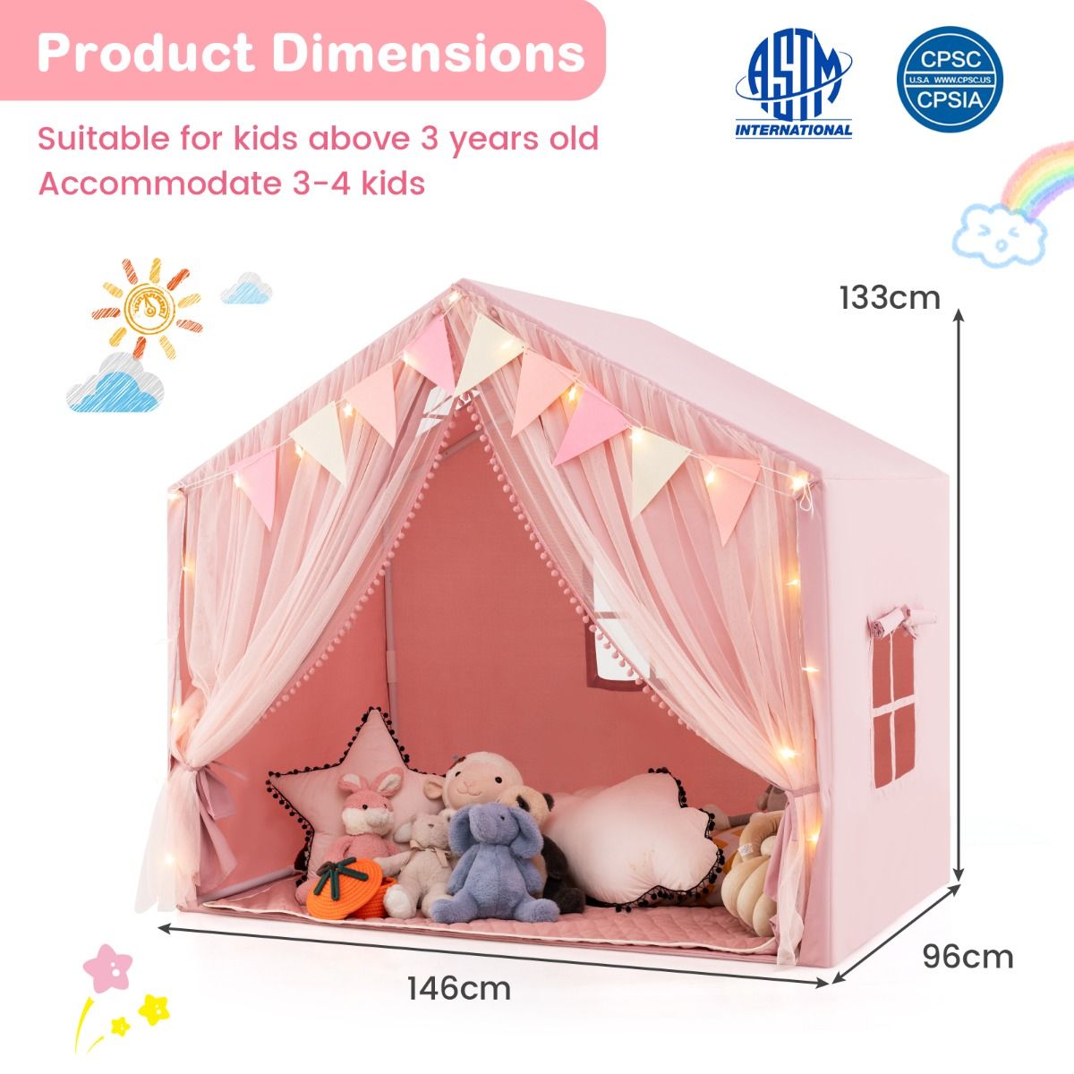 Tente de jeu pour enfants Coast - avec rideaux et guirlande lumineuse en forme d'étoiles - grande tente de jeu - rose