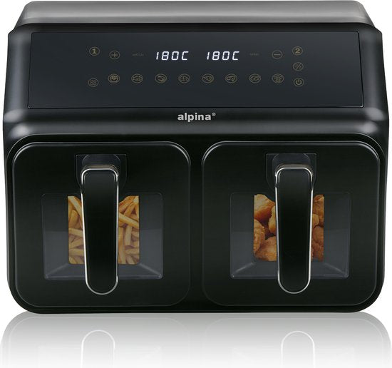 Alpina Friteuse à air chaud double XXL - Friteuse à air chaud 2 x 4 L - Friteuse à air chaud avec écran tactile numérique - Four à air chaud pour 6 personnes et plus - 8 programmes de cuisson - Mode Sync - Fonction minuterie
