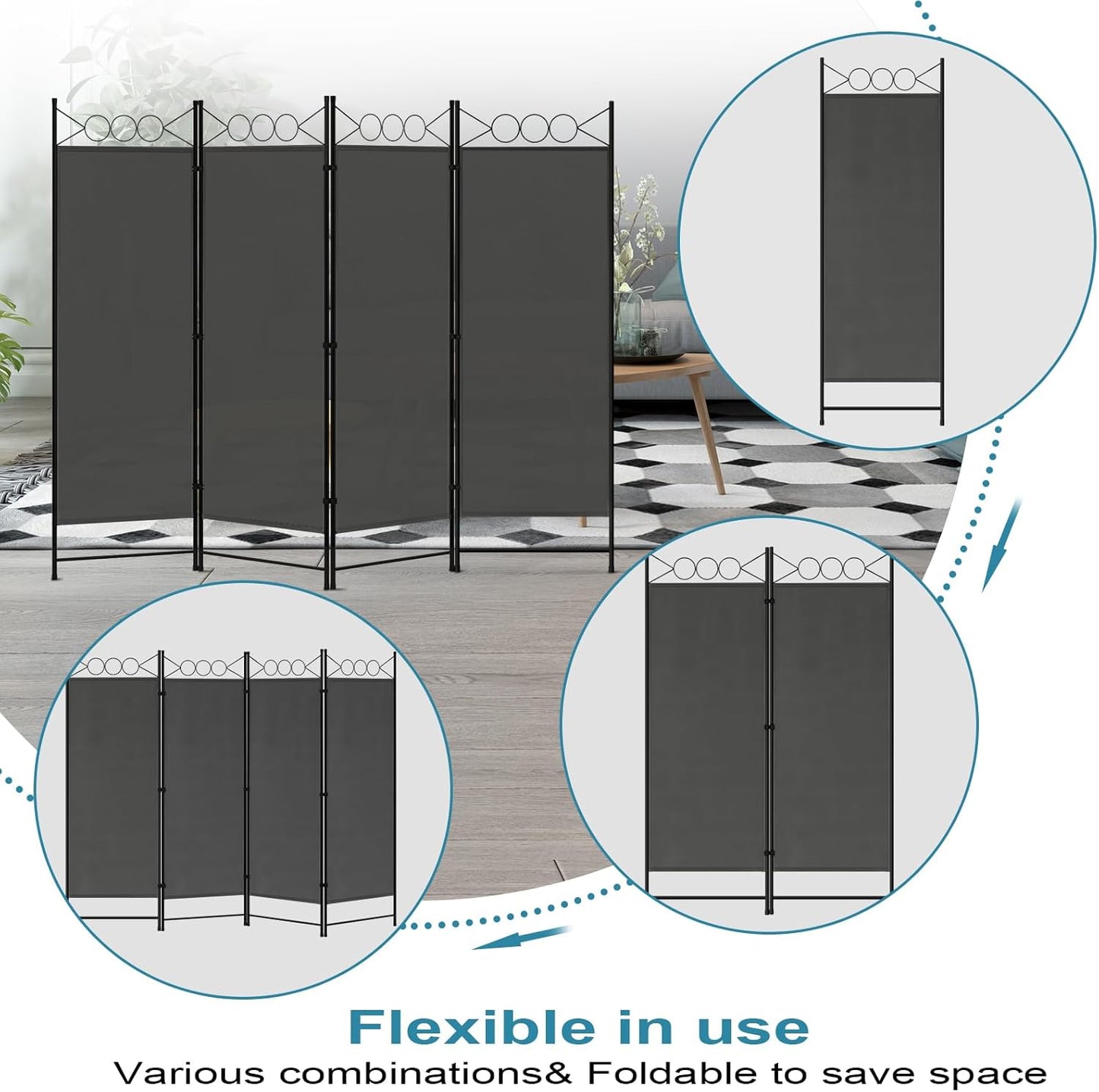 Paravent Woltu - 4 panneaux - 223 x 172 cm - Anthracite
